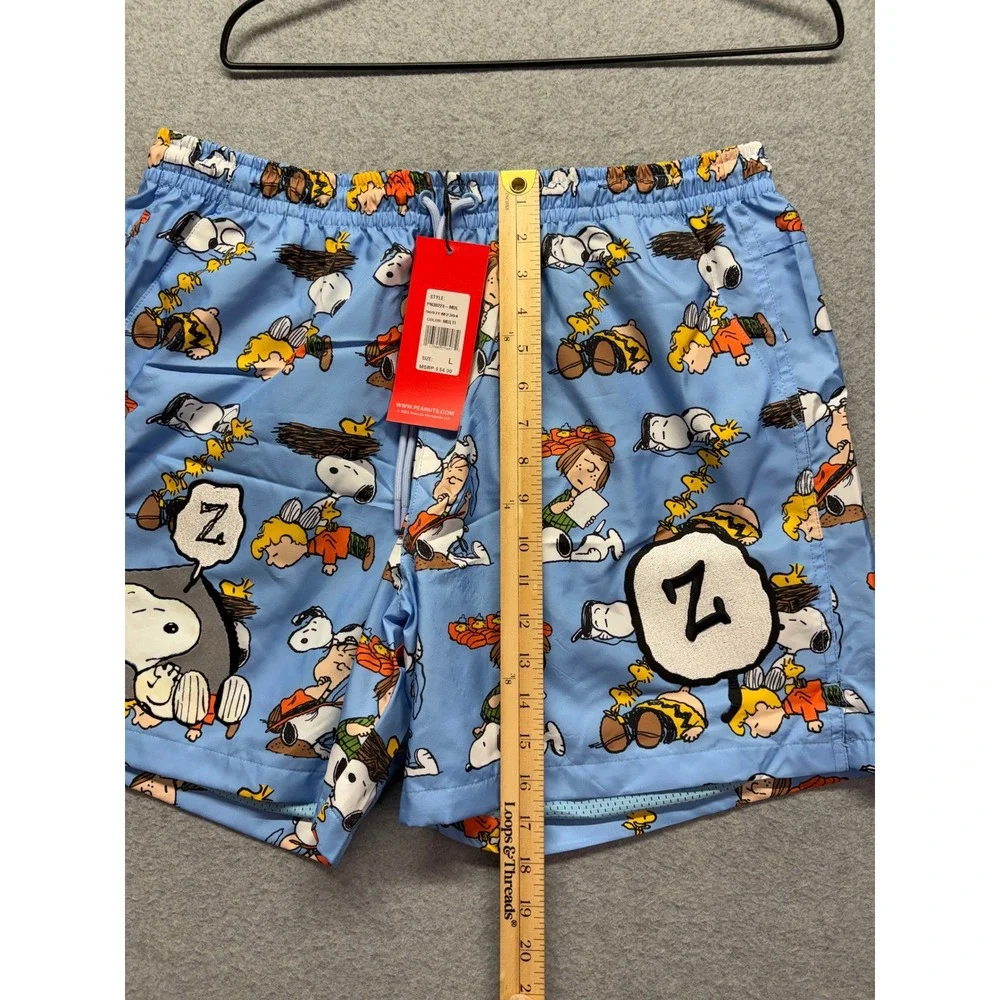 Peanuts Snoopy Charlie Brown Swim Trunks Mens Large Blue All Over Print NWT